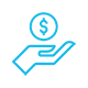 Sales Pipeline Dollar Simple blue outline of a hand holding a dollar coin.