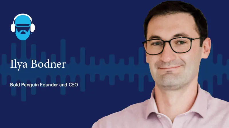A photo of Ilya Bodner, Bold Penguin Founder and CEO on a dark blue background with a soundwave design 
